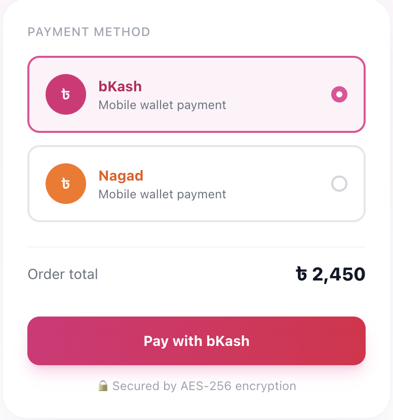 BDWallet payment link sent to customer mobile for bKash and Nagad checkout on Shopify